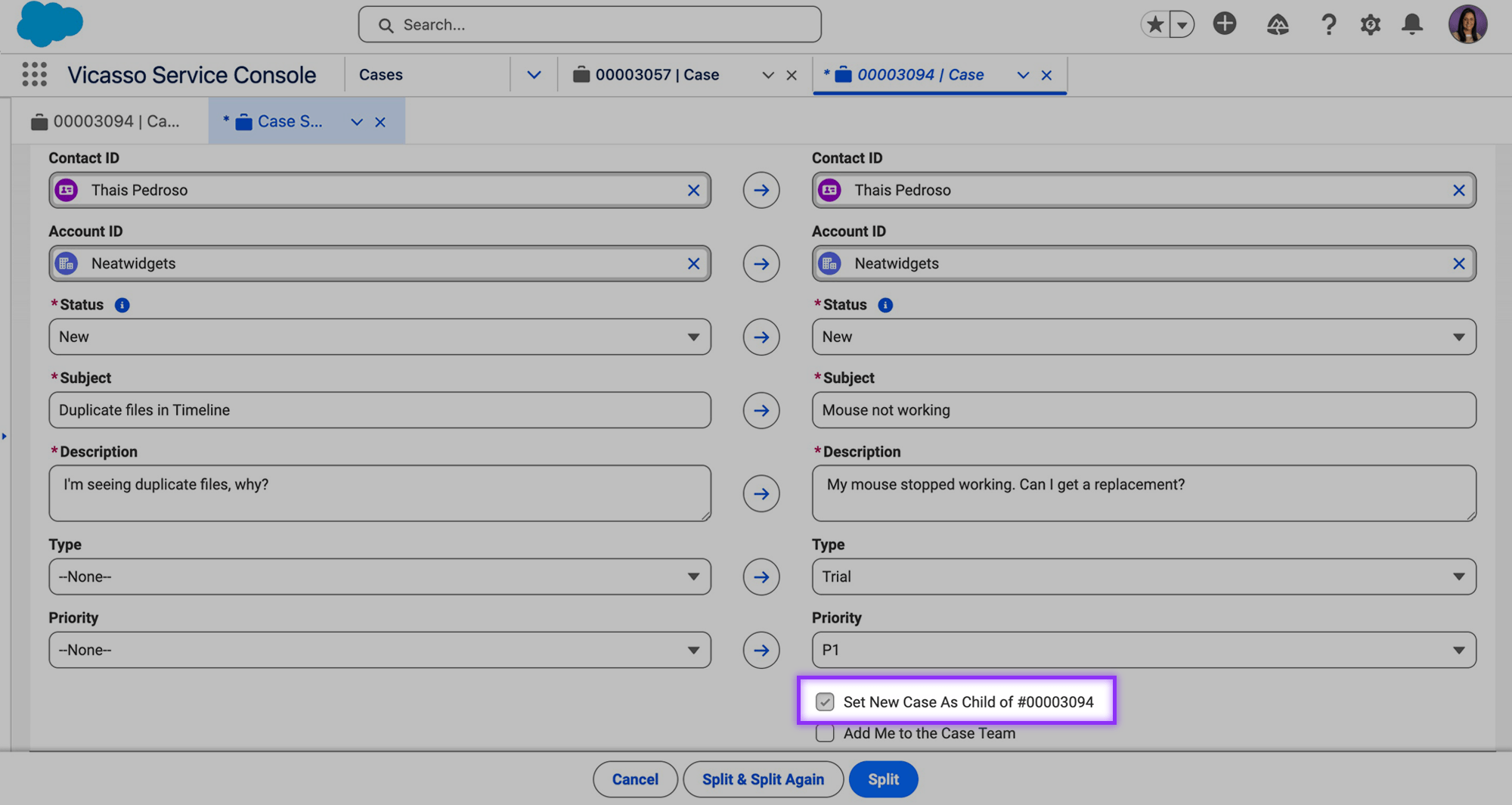 A screenshot of Vicasso's Case Split app for Salesforce showing the Set New Case as Child checkbox.
