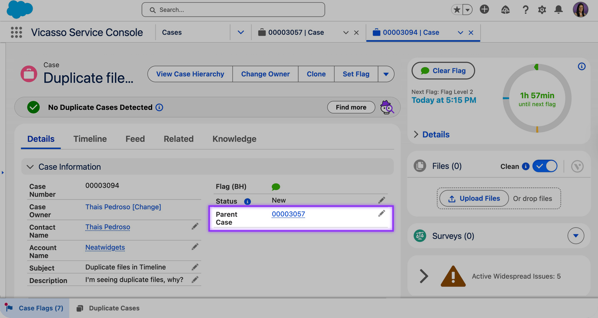 A screenshot of Vicasso's Case Split app for Salesforce showing the field for Parent Case is populated.