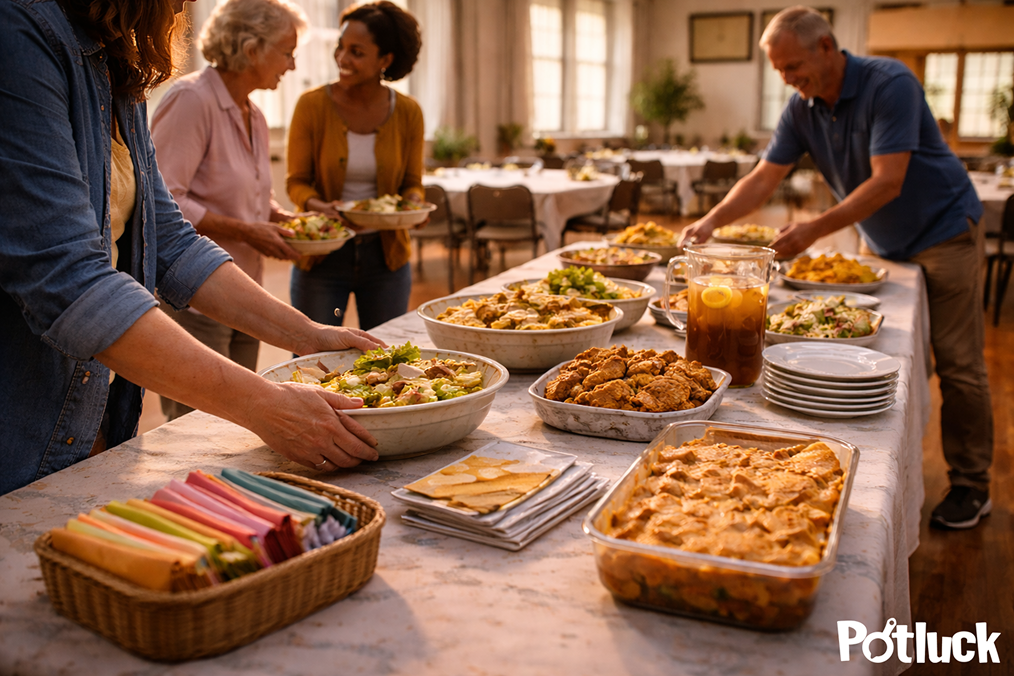 Diverse group of people serving themselves food from a buffet-style table filled with various dishes and a pitcher of iced tea in a communal dining setting.
