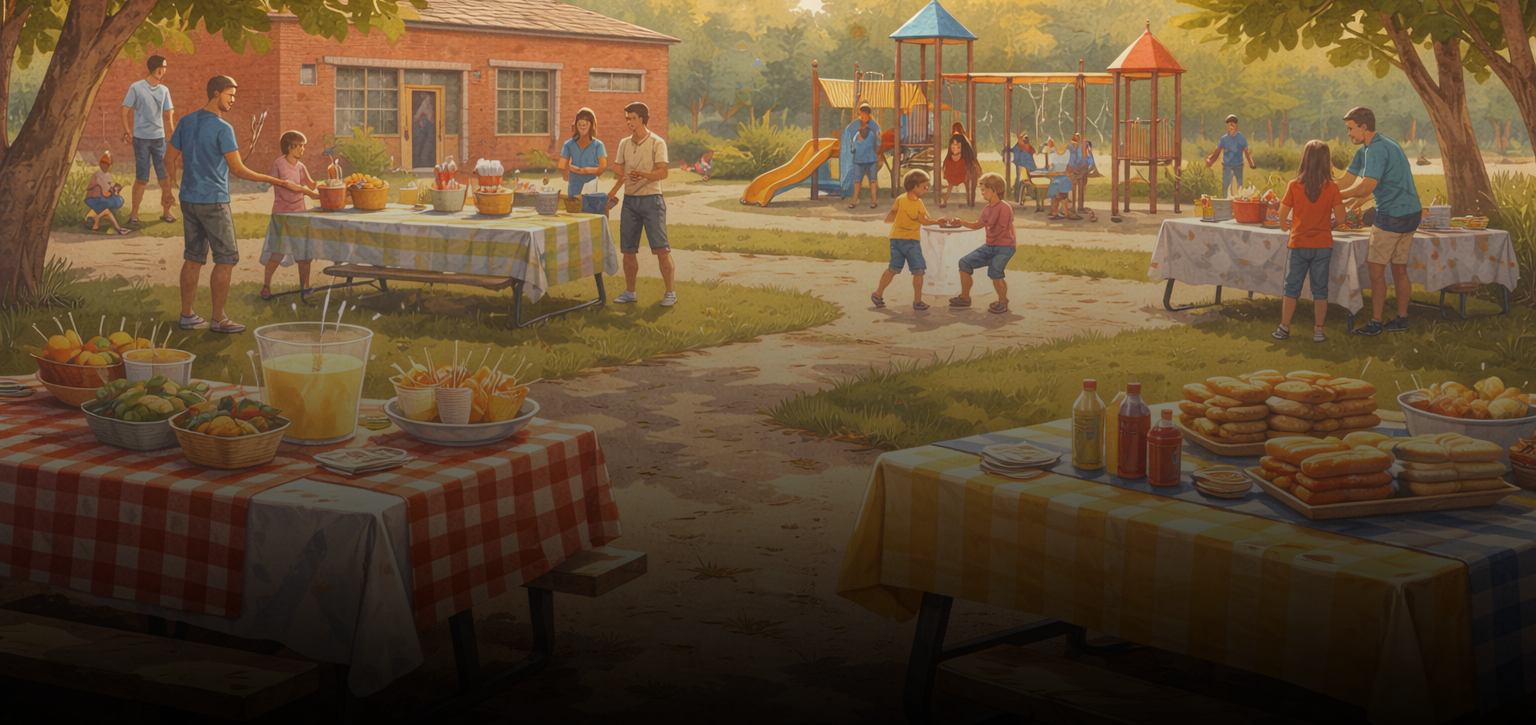 Top view of people toasting with drinks over a table with salad, avocados, rolls, and tomatoes; next to a group of four women smiling and chatting around a dinner table with a cake and flowers.