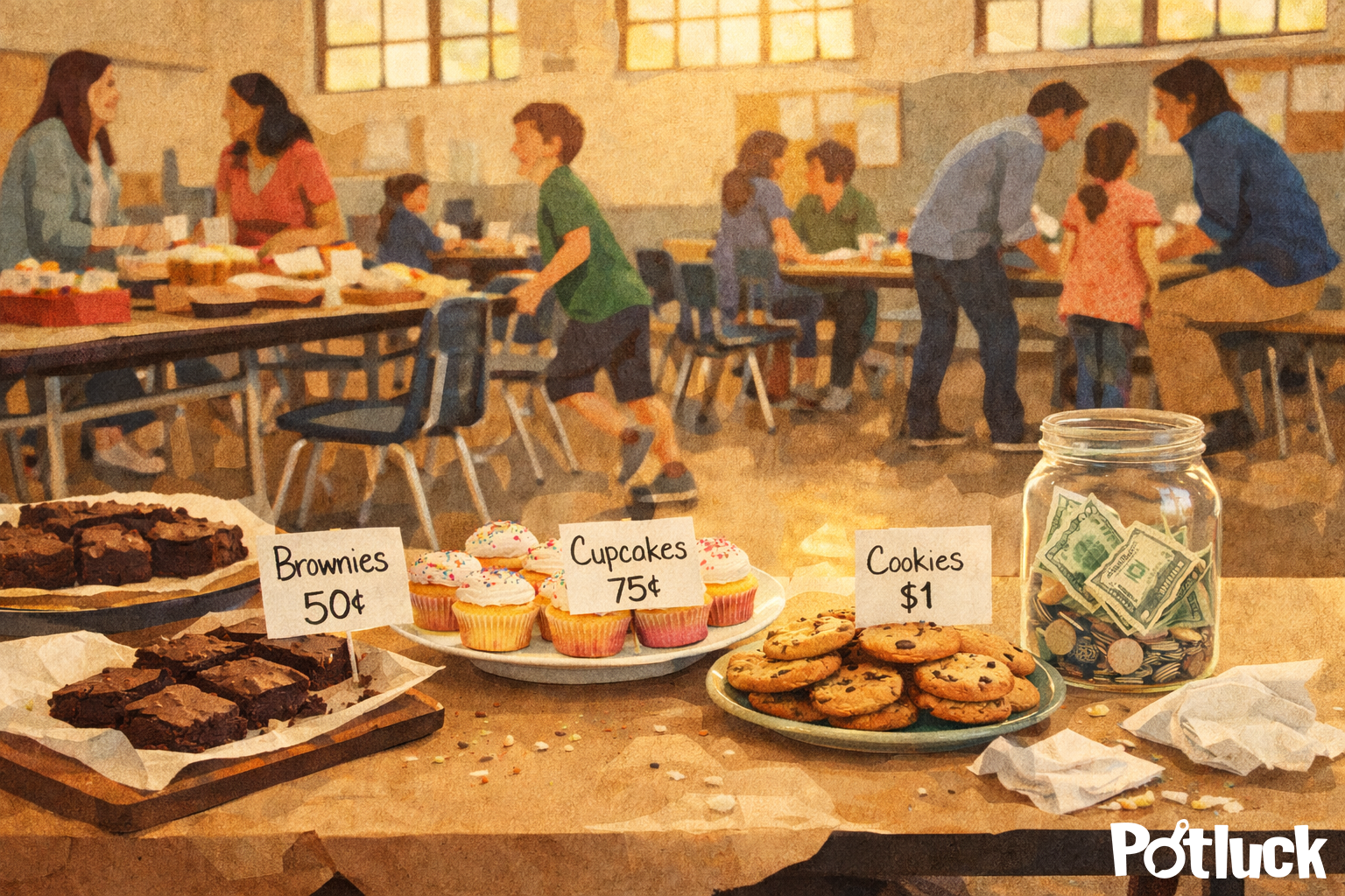 Diverse group of people serving themselves food from a buffet-style table filled with various dishes and a pitcher of iced tea in a communal dining setting.