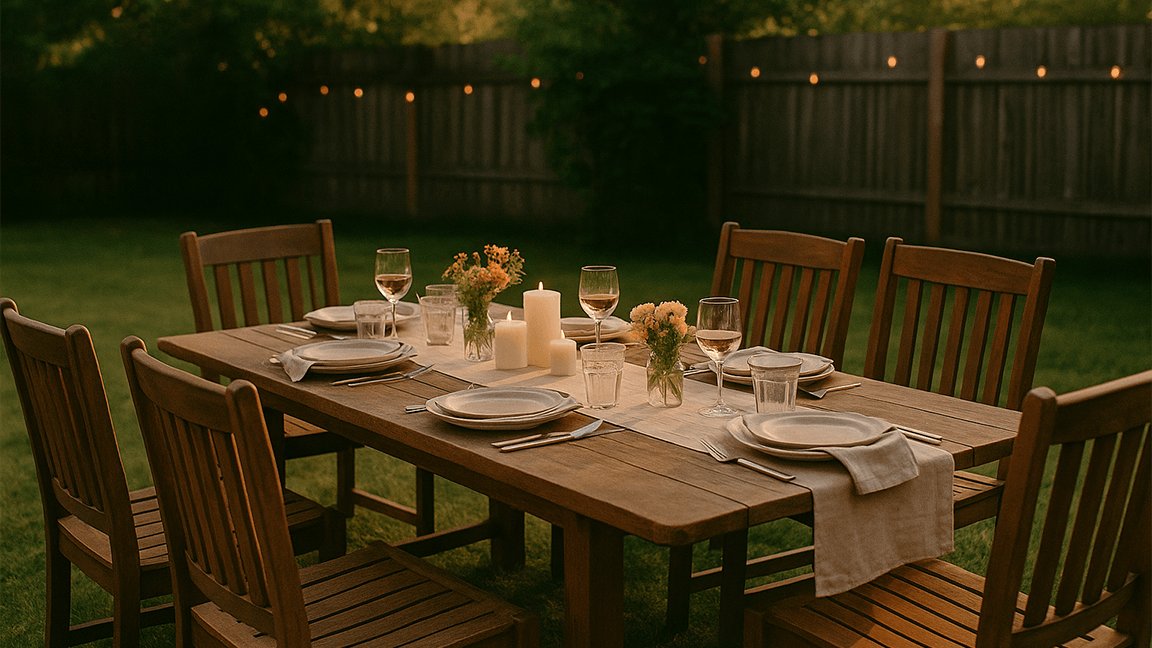 Outdoor dining table set with candles and string lights for an evening gathering