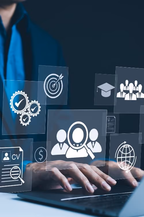 Person working on a laptop with floating HR icons like resume, target, team, and checklist – representing digital recruiting and transparent hiring processes.