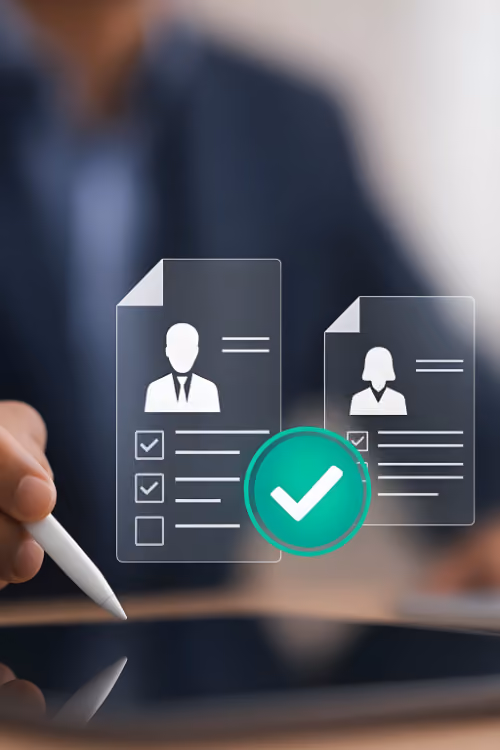 Person using a tablet and stylus while digital candidate profiles with checkmarks appear – symbolizing inclusive recruiting and selection processes.