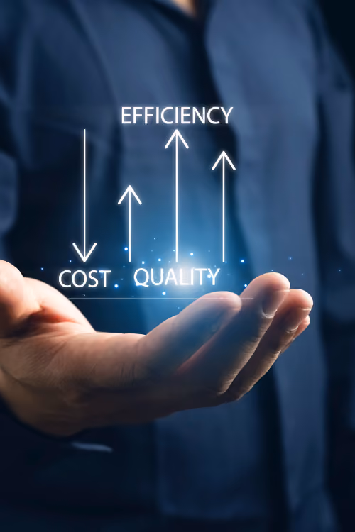 Businessperson holding holographic terms “Cost,” “Quality,” and “Efficiency” with arrows – symbolizing KPI-driven optimization in recruiting.