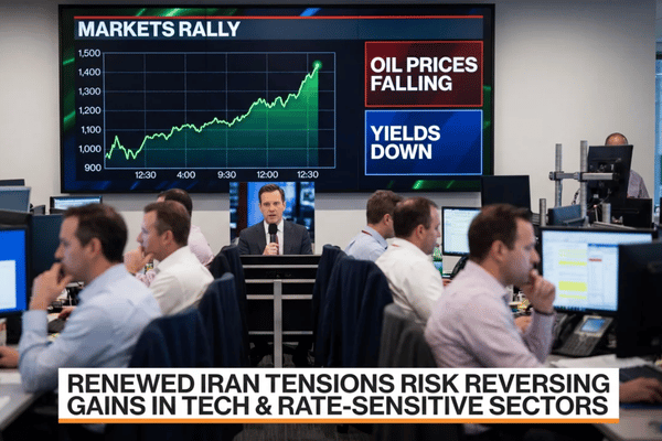 Risk-on rally fades as oil volatility and Iran tensions threaten market gains driven by lower yields and inflation expectations.