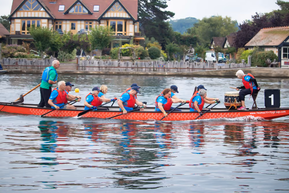 The Bourne Water dragons team on their second heat of the Cookham Regatta 