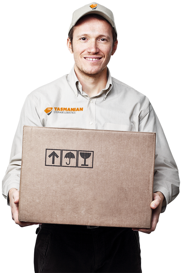 TSL working holding a cardboard box and smiling