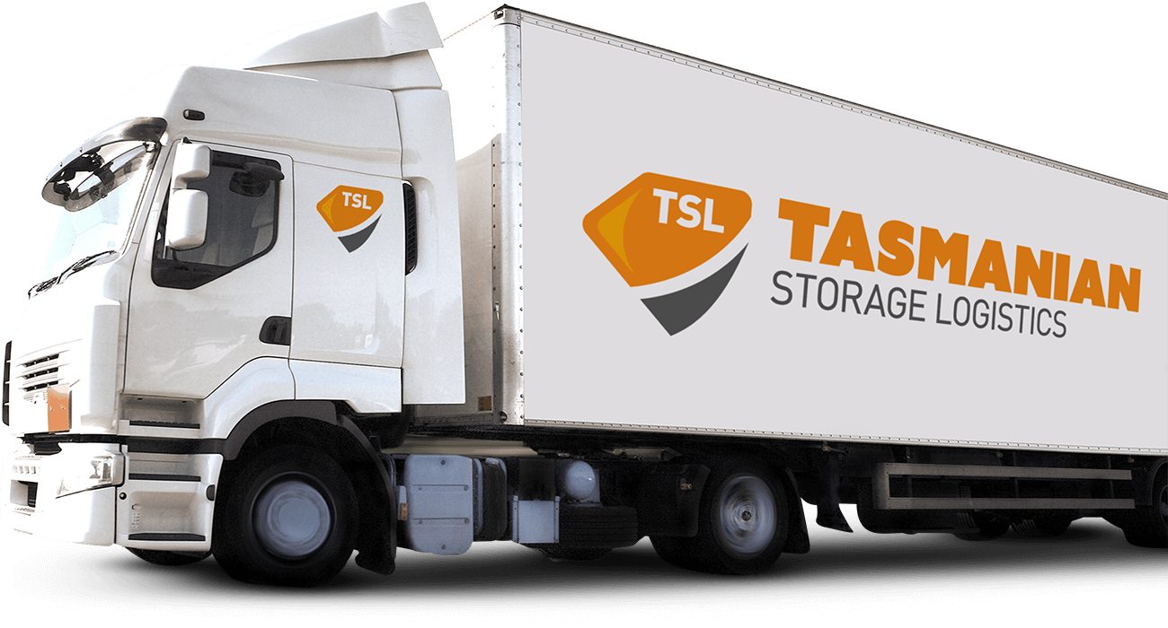 Tasmanian Storage Logistics truck side view driving left of screen
