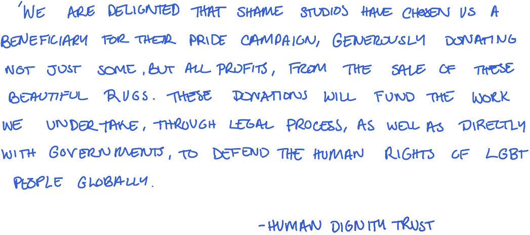 We are delighted that Shame Studios have chosen us a beneficiary for their Pride campaign, generously donating not just some, but all profits, from the sale of these beautiful rugs. These donations will fund the work we undertake, through legal process, as well as directly with governments, to defend the human rights of LGBT people globally.

-HUMAN DIGNITY TRUST