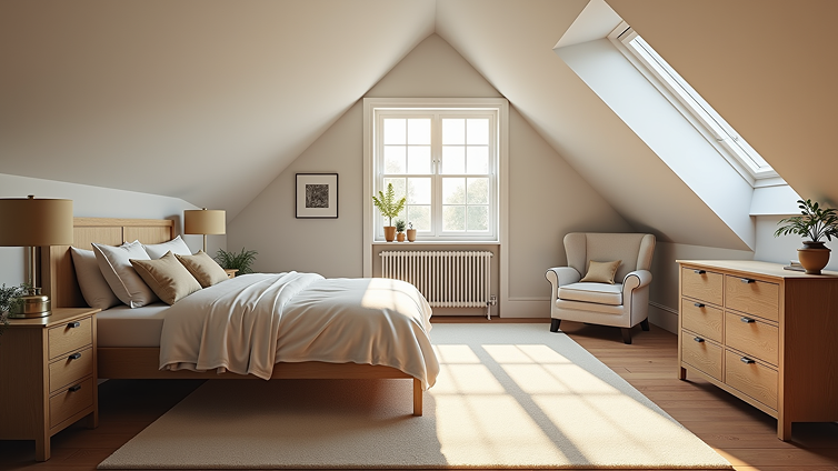 Bright loft bedroom with minimalist decor and natural light, ideal for Urban Cooling's loft air conditioning units.