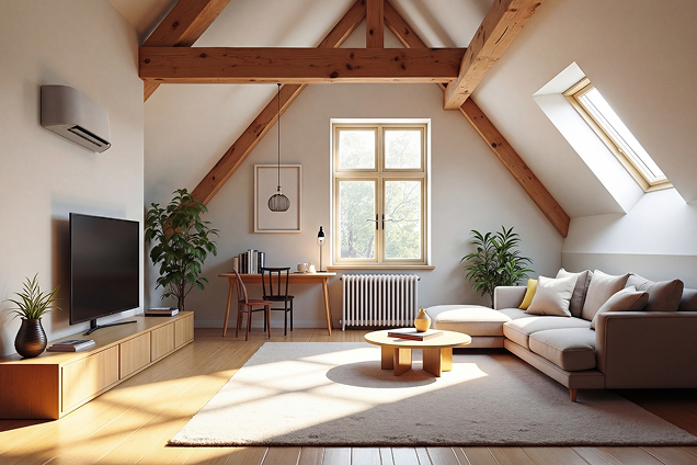 Modern loft space with wooden beams and Urban Cooling's loft air conditioning unit mounted on the wall.