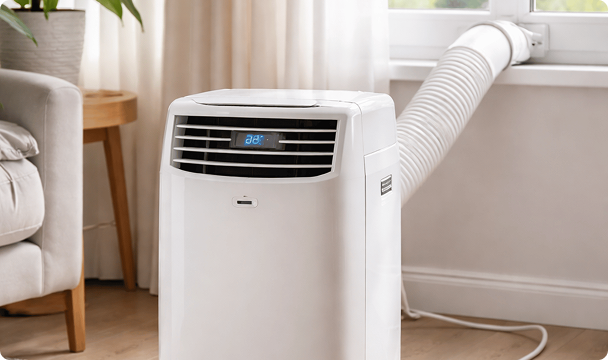 Portable air conditioning unit with its exhaust hose fed through a tilted apartment window