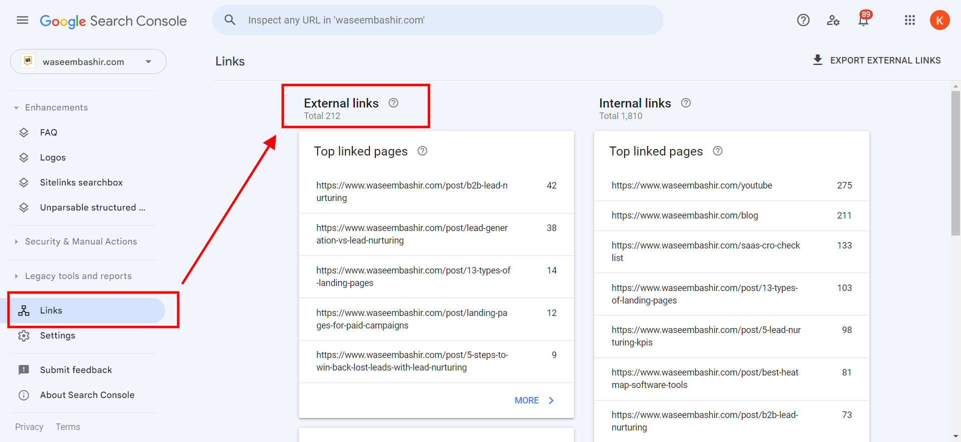 External backlinks report in GSC