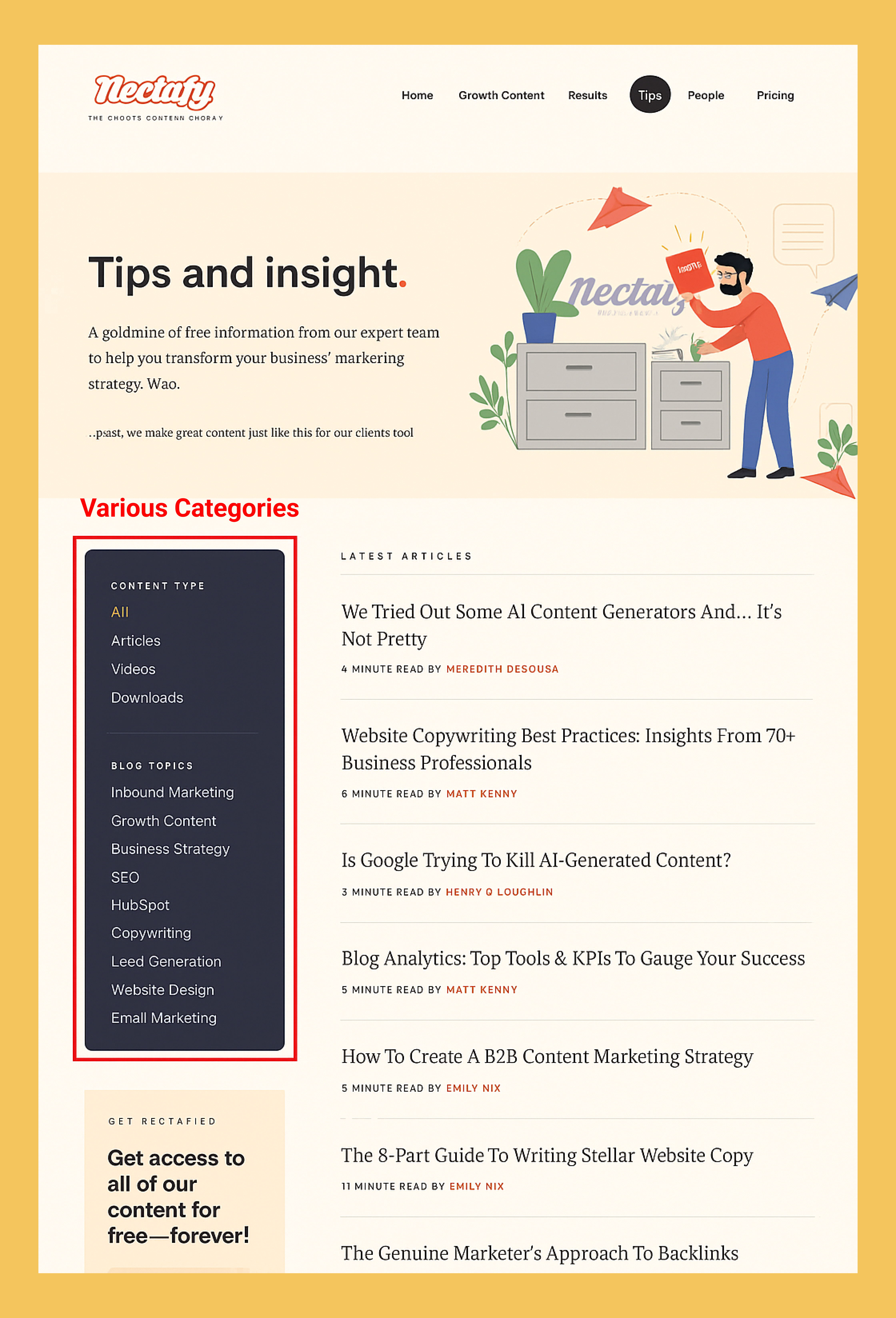 various blog categories example from Nectafy