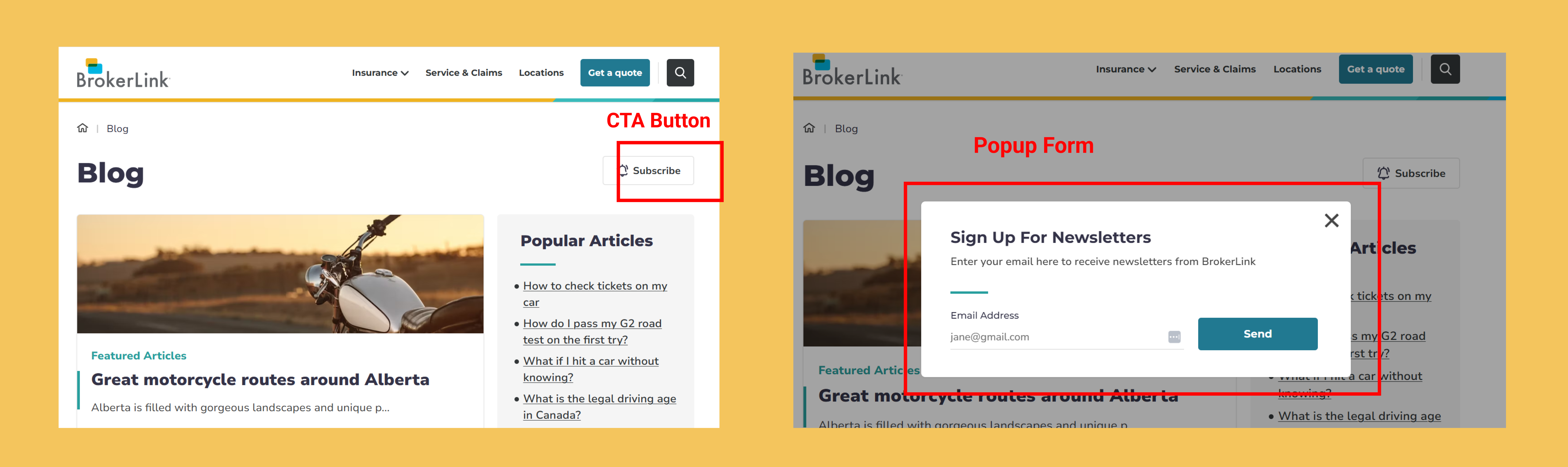 CTA button and pop up example from BrokerLink