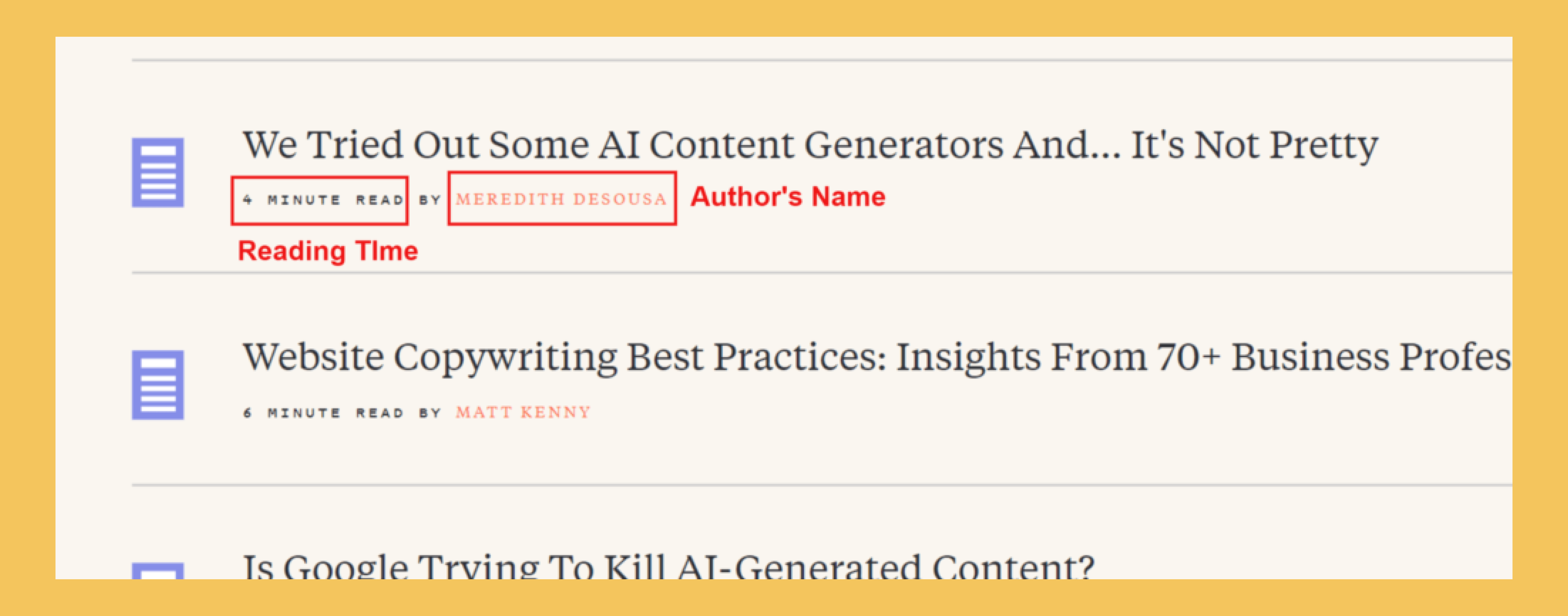 Example of blog post showing reading time and author name for transparency and trust