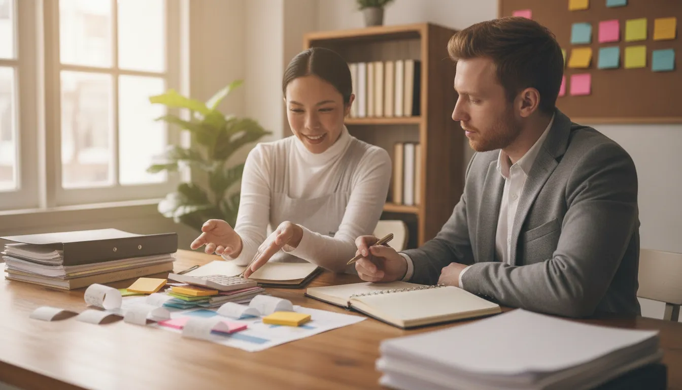 Business owner organizing records while discussing professional bookkeeping support