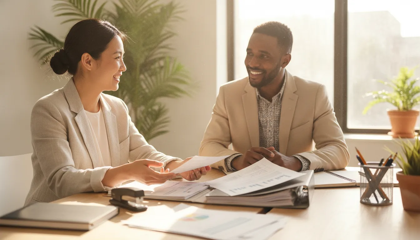 Small business owner and accountant reviewing bookkeeping pricing and records