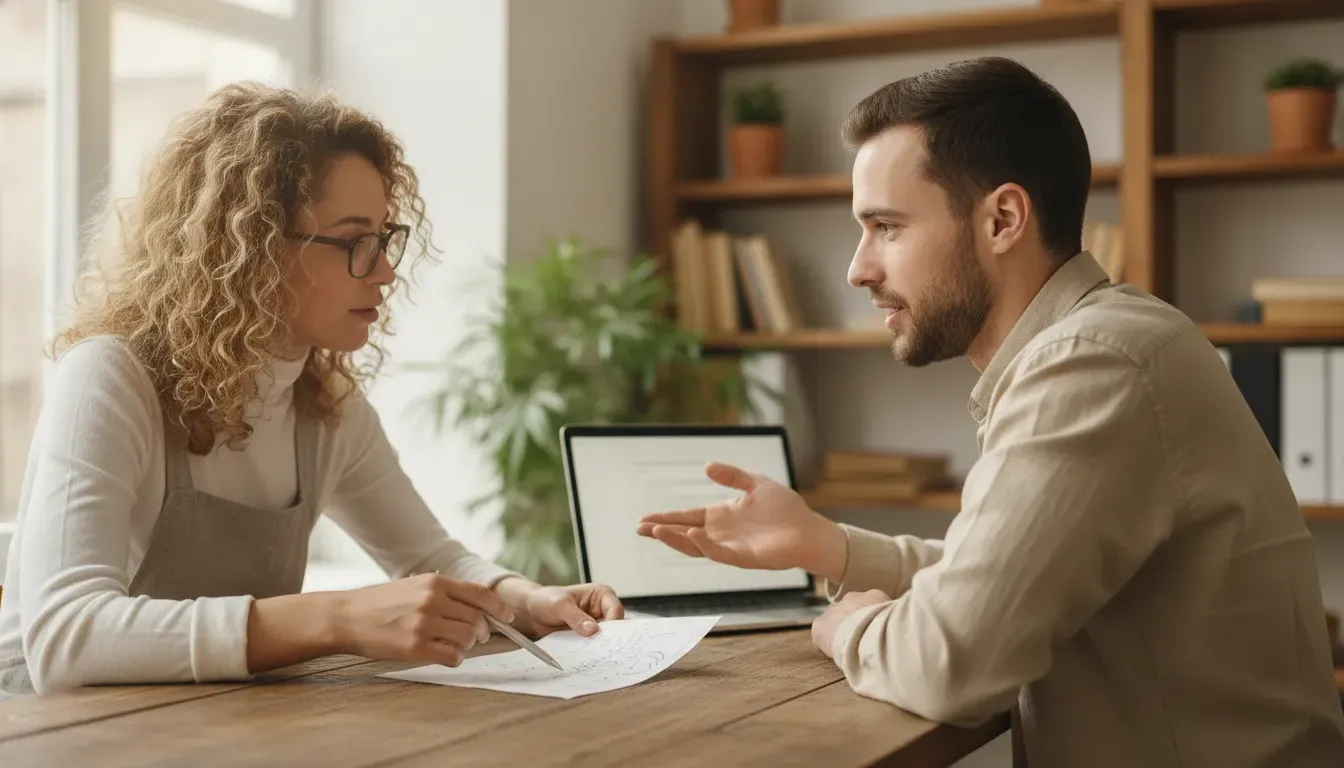 Freelancer and accountant discussing whether to manage accounting software or outsource the work