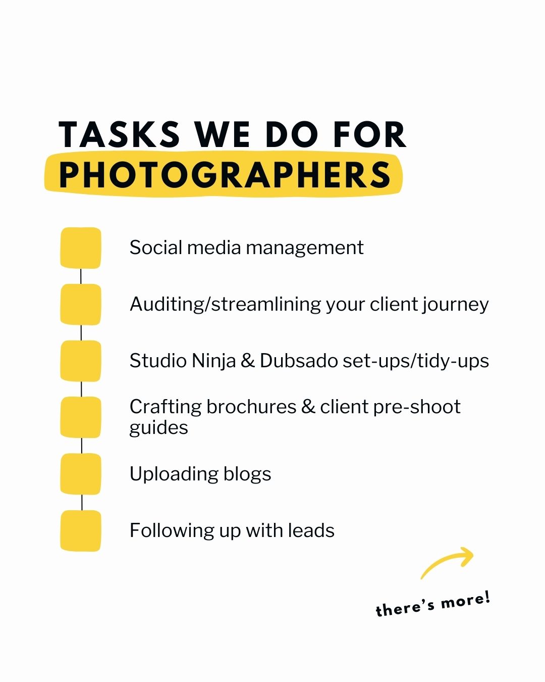 Like most photographers you’re probably doing everything you can to succeed.

But when you're juggling shoots, editing, and already putting in those long hours, it can be a real struggle to find the time and energy to keep up with the demands of running a successful business.

That's where I come. I'm here as your extra set of hands to:

1️⃣ Handle the Doing - Managing emails, social media, website updates, and all those other day-to-day tasks, so you can focus on the stuff you actually enjoy doing.

2️⃣ Provide Strategy & Ideas - Collaborating with you to develop new service offerings, streamline your workflows, and enhance your client experience.

3️⃣ Keep You on Track - Holding you accountable, maintaining your to-do lists, and making sure nothing slips through the cracks.

Want to learn more? Tap the link in my bio or drop me a message!

.

.

.

.

.

#photographybusinesshelp #weddingphotographers #photographybusinesstips #photographymarketing #weddingphotographytips #photographybusiness #marketingforphotographers #businessofphotography #weddingphotographyeducation #weddingphotographytips #businessofphotography #virtualassistantforphotographers #photographersva #vaforphotographers #weddingphotographyadvice