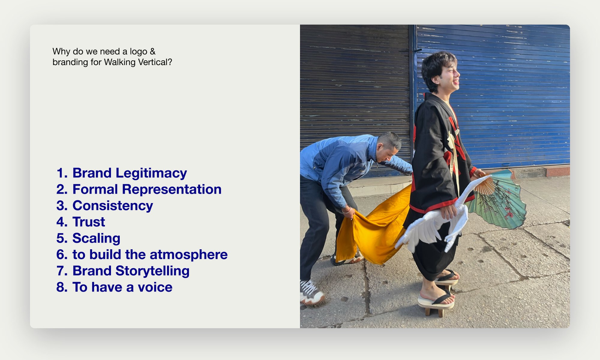 Slide listing why Walking Vertical needed a logo and branding