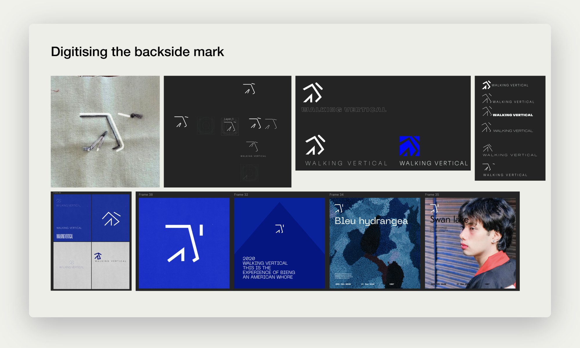 The digitised mark tested on dark and blue backgrounds and layouts