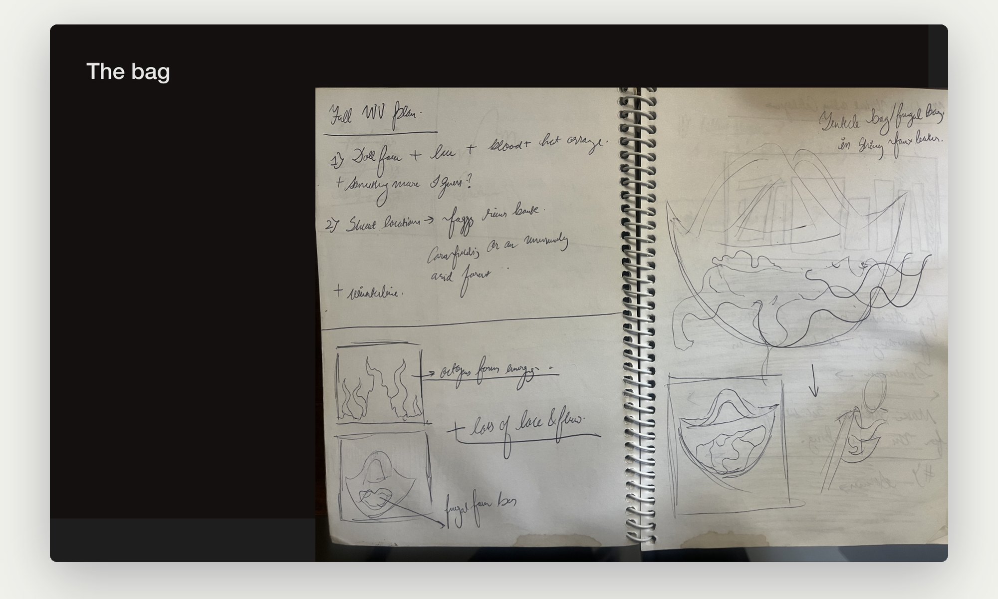Sketchbook pages for the stuffed bag