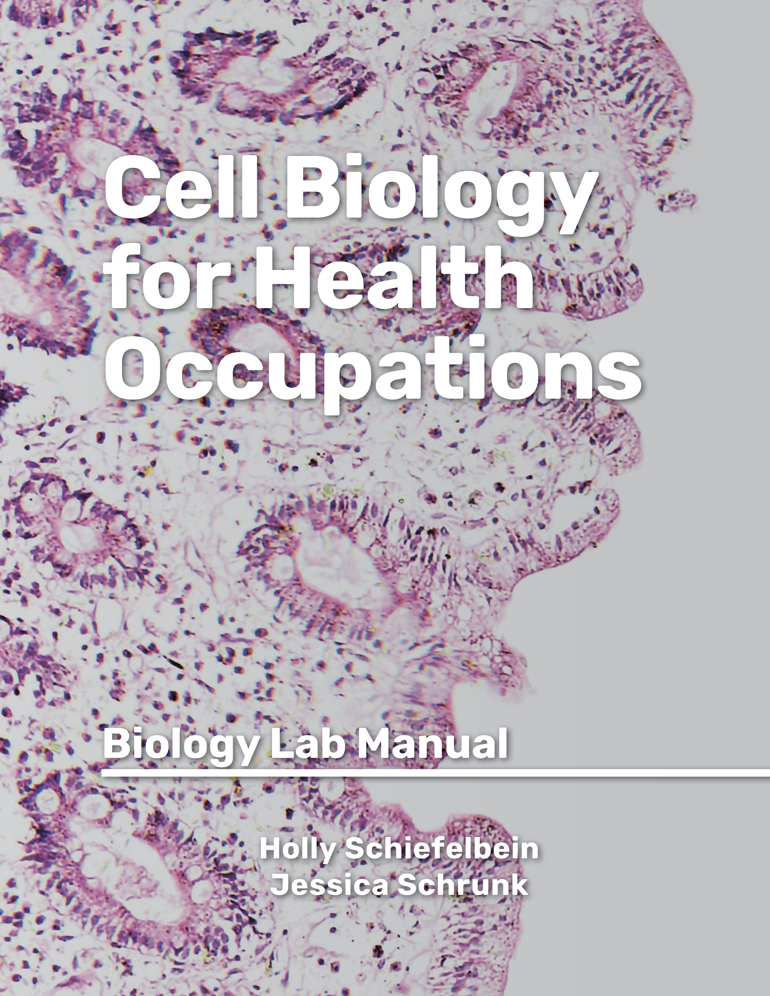 Book cover of Cell Biology for Allied Health, Biology Lab Manual, by Holly Schiefelbein and Jessica Schrunk, showing cell structure under a microscope, all in bright colors.