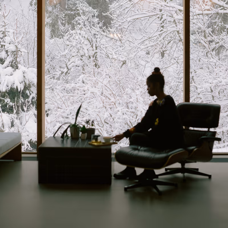 Riders Hotel lobby with snowfall