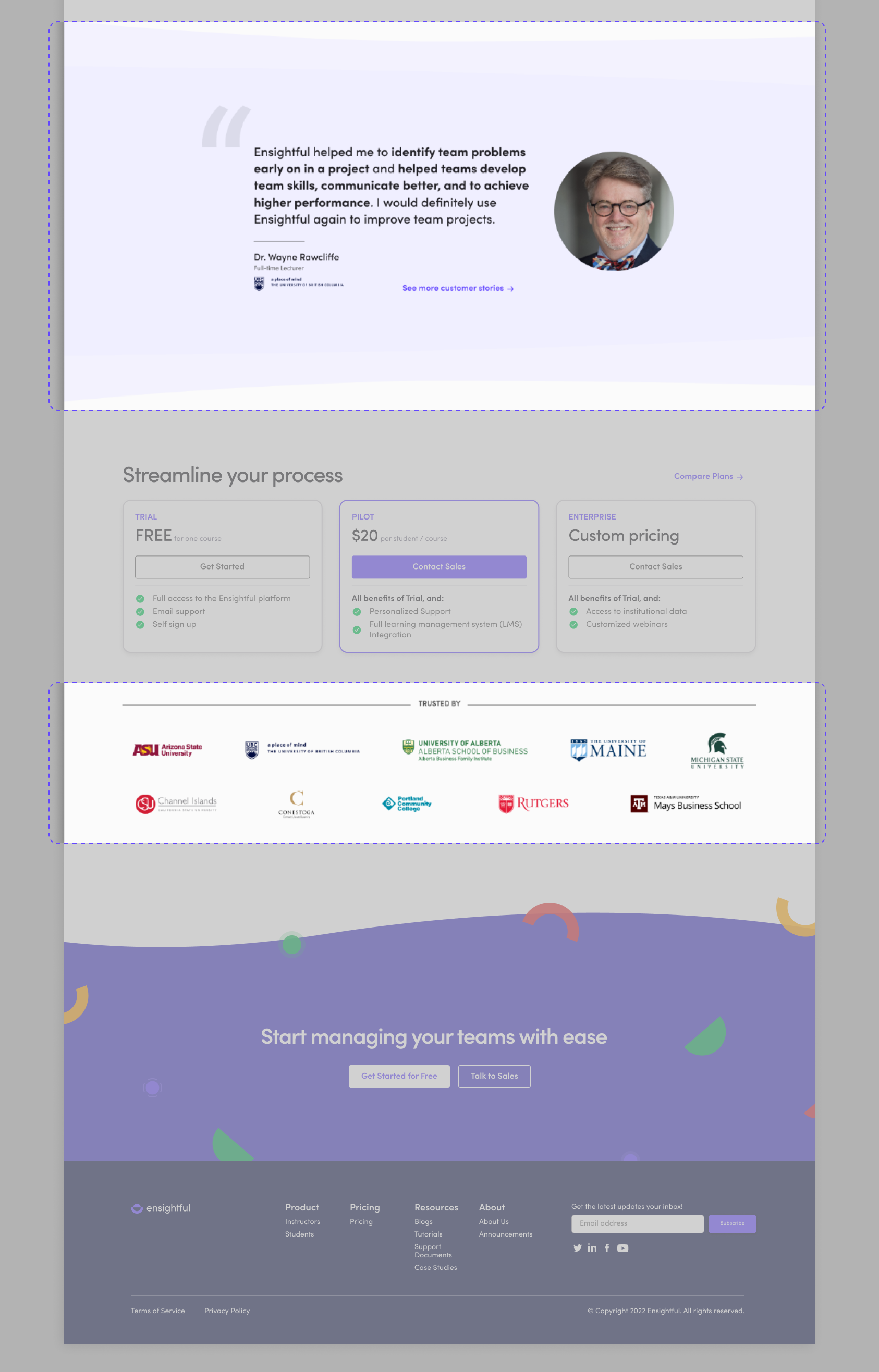Annotation to show how the testimonials and list of schools using Ensightful are displayed on the home page