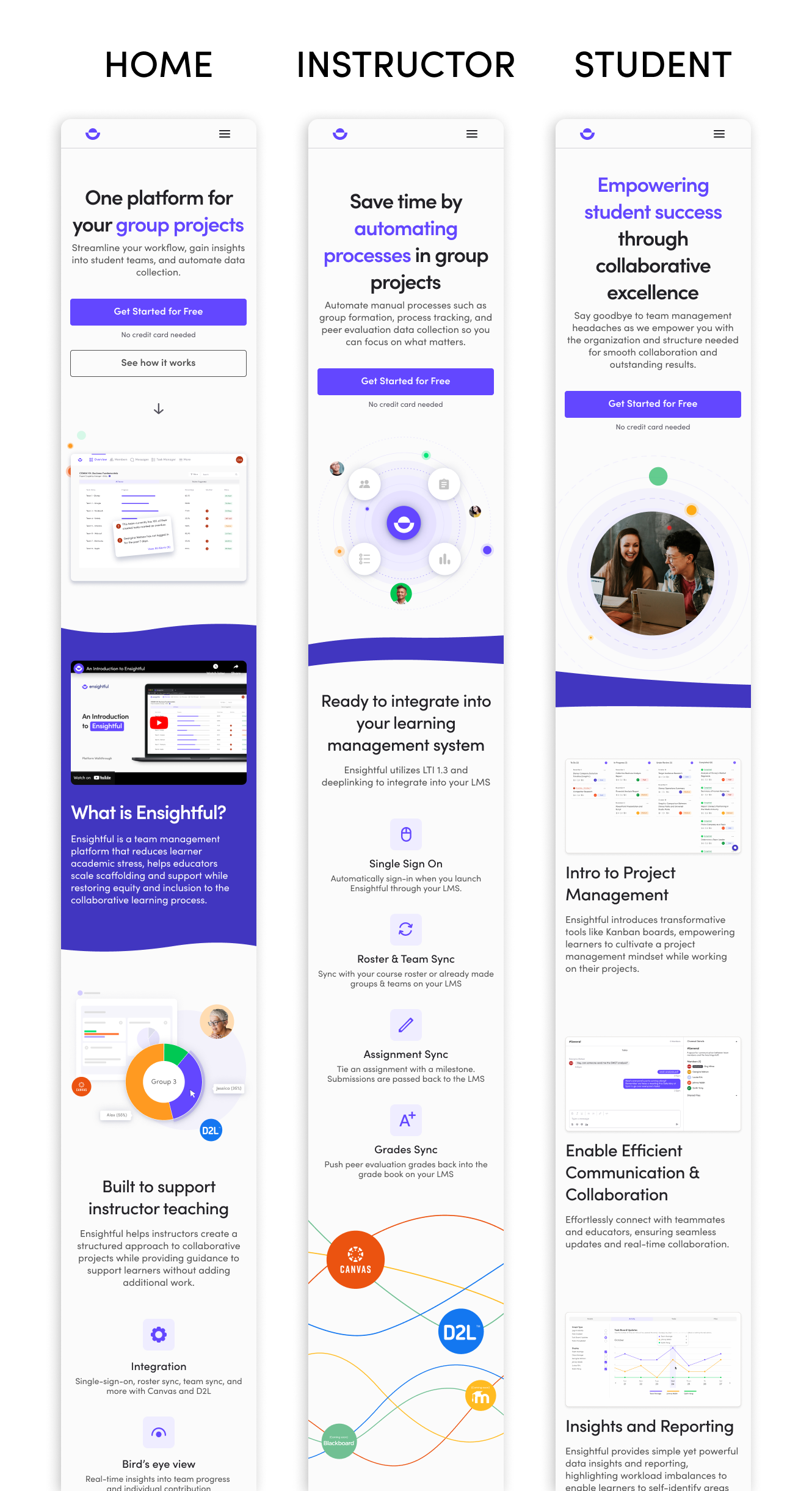 Mobile screens for Ensightful's redesigned home, instructor, and student page