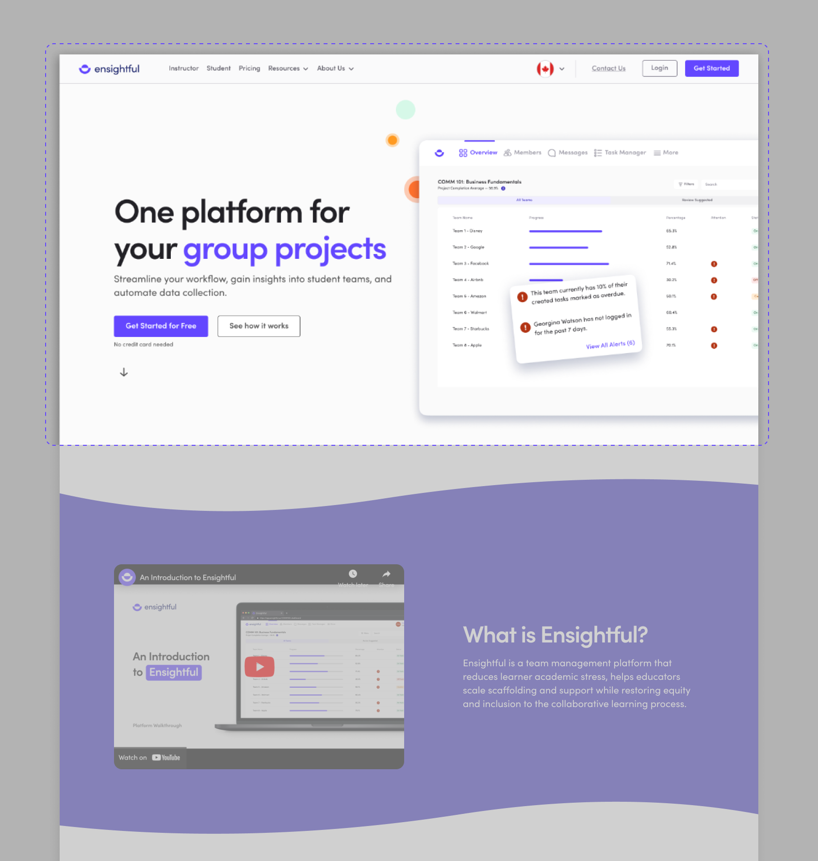 Landing page of Ensightful's redesigned home page