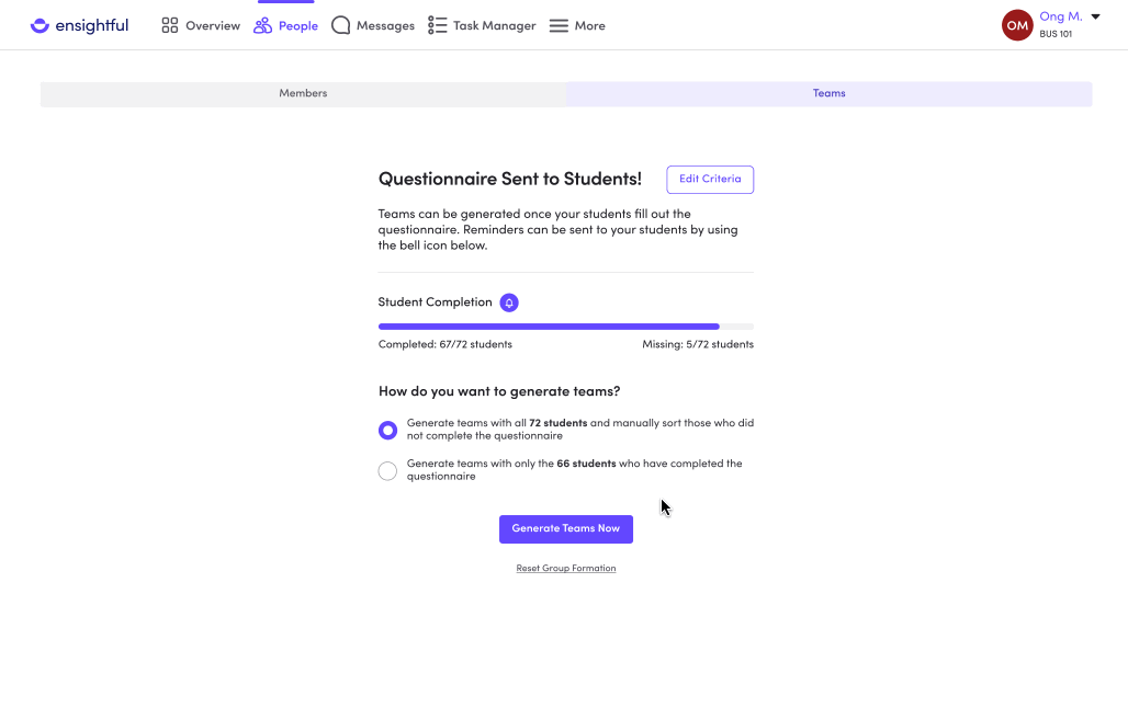 Generating teams after instructors finish setting up the criteria