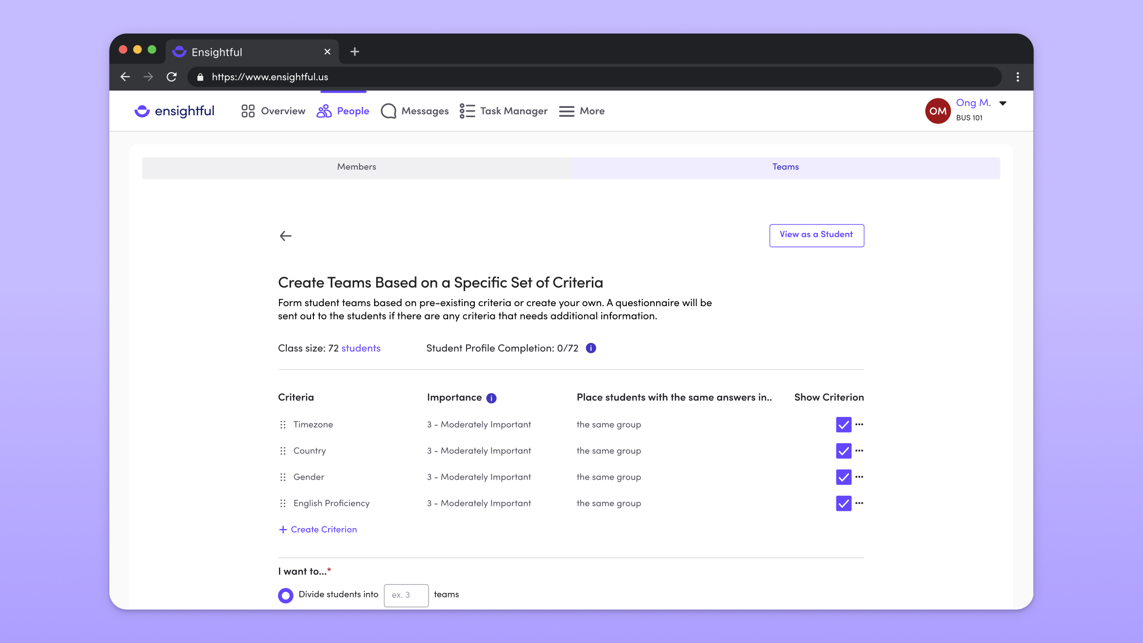 Screen for creating criteria