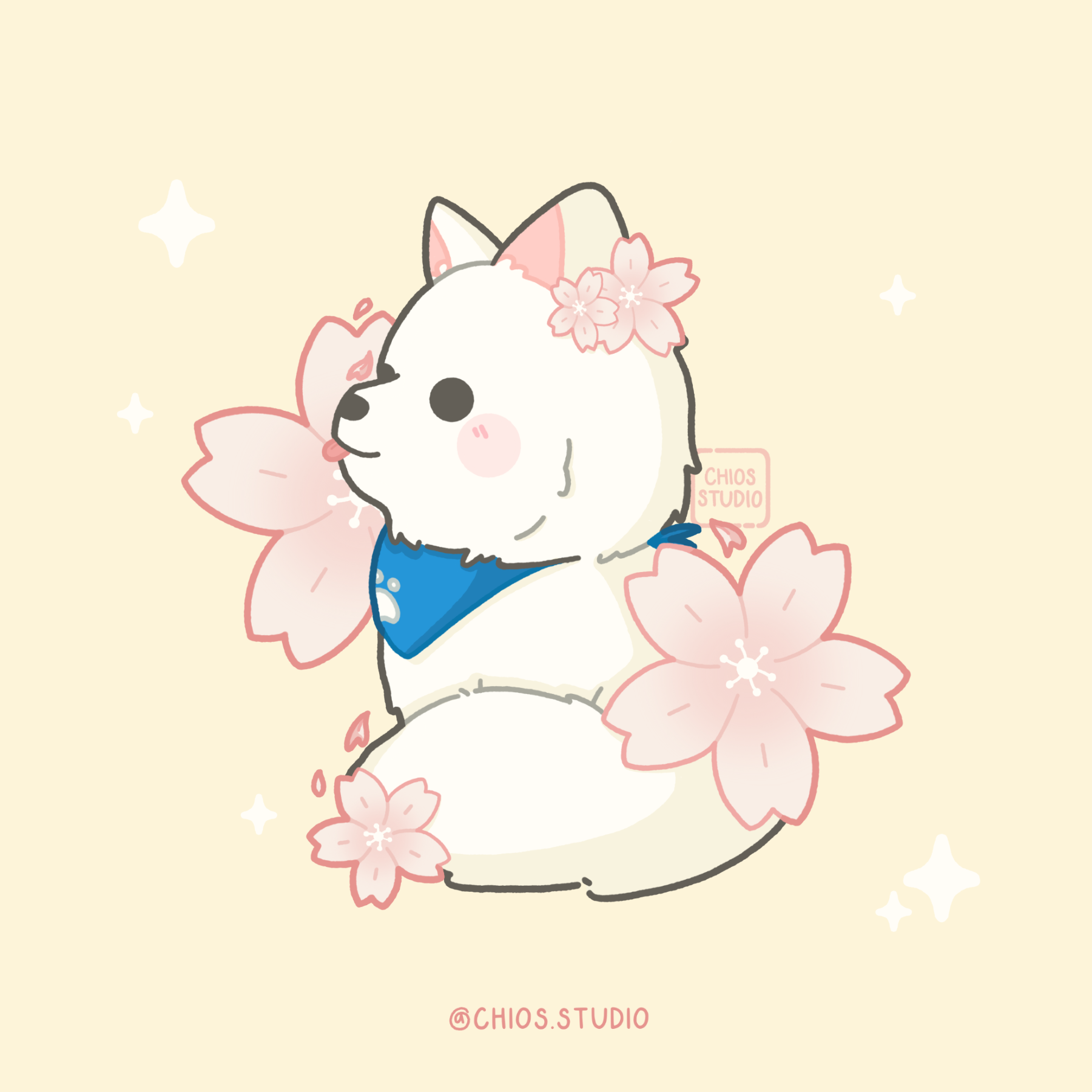 Samoyed surrounded by cherry blossoms