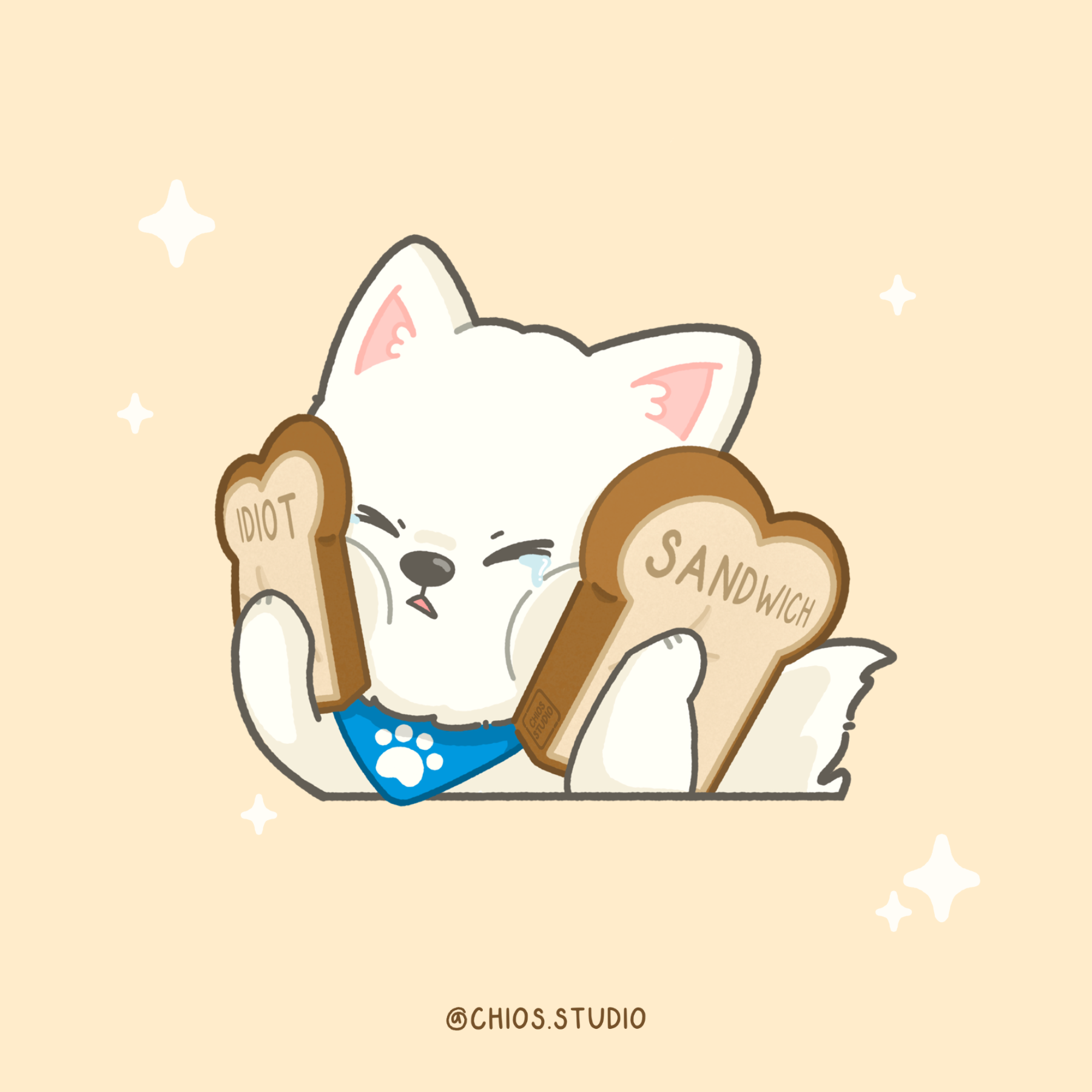 Two pieces of toast sandwiched between a samoyed's face