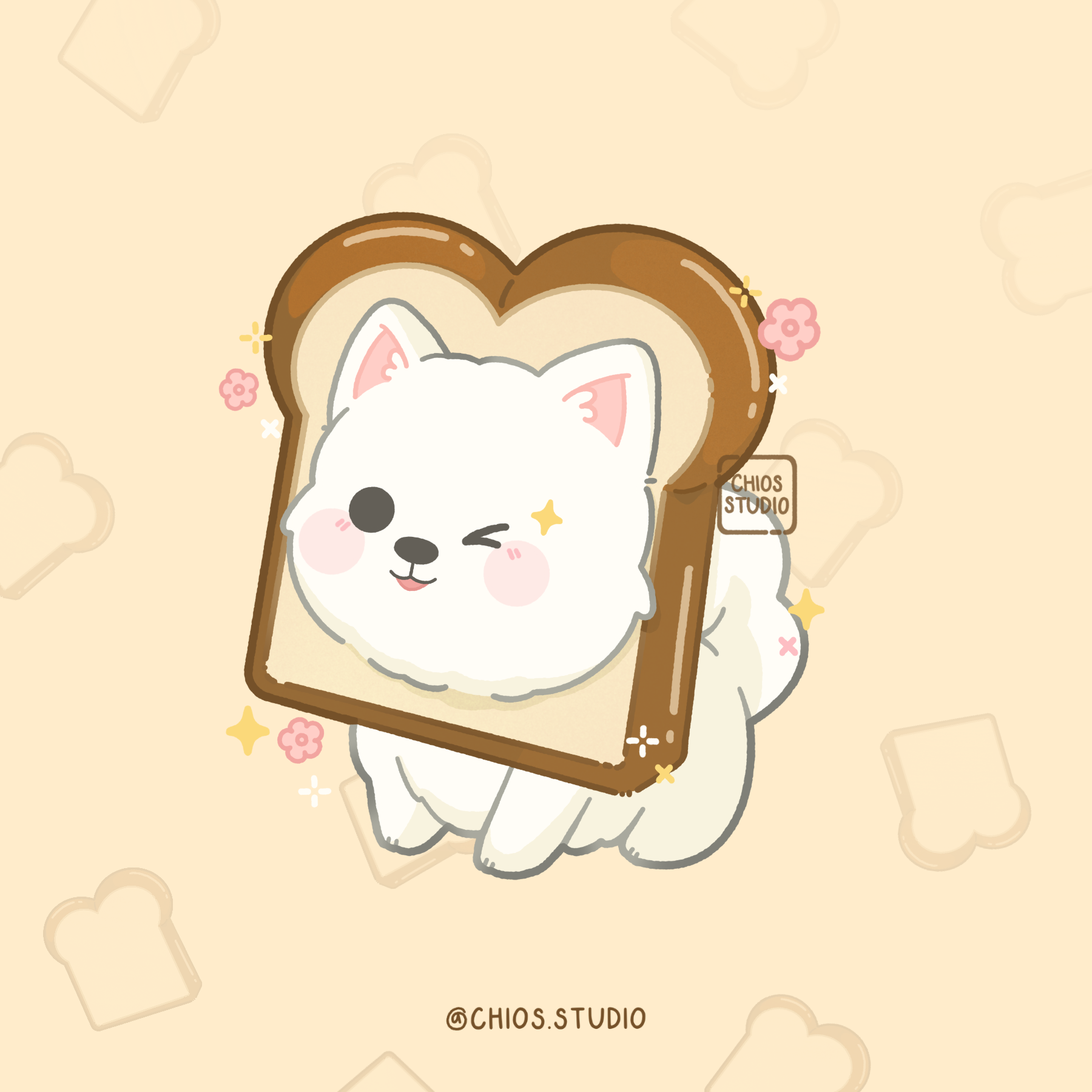 A samoyed wearing a toast cone.