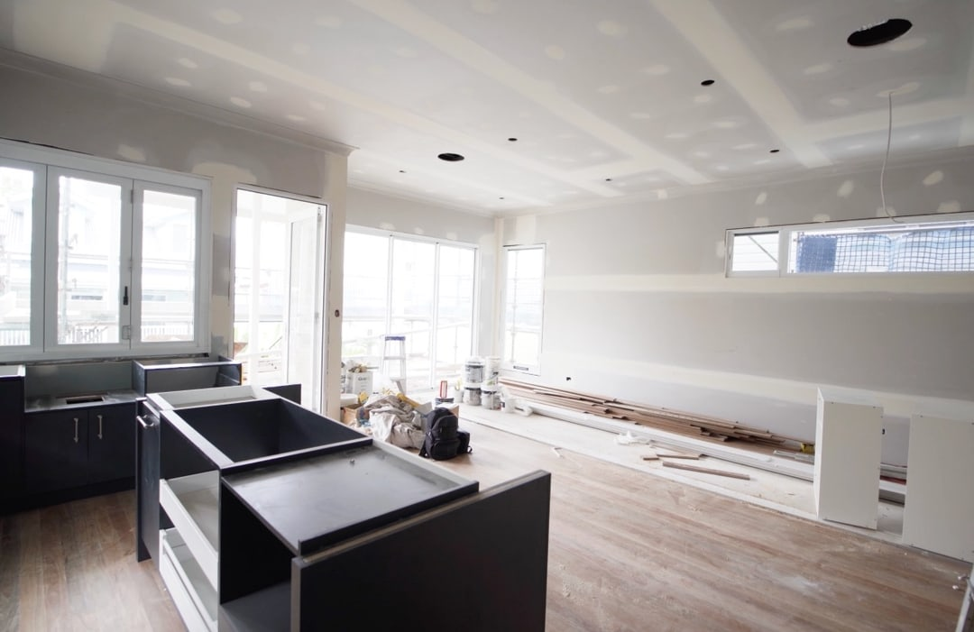 Interior of custom home building in progress.