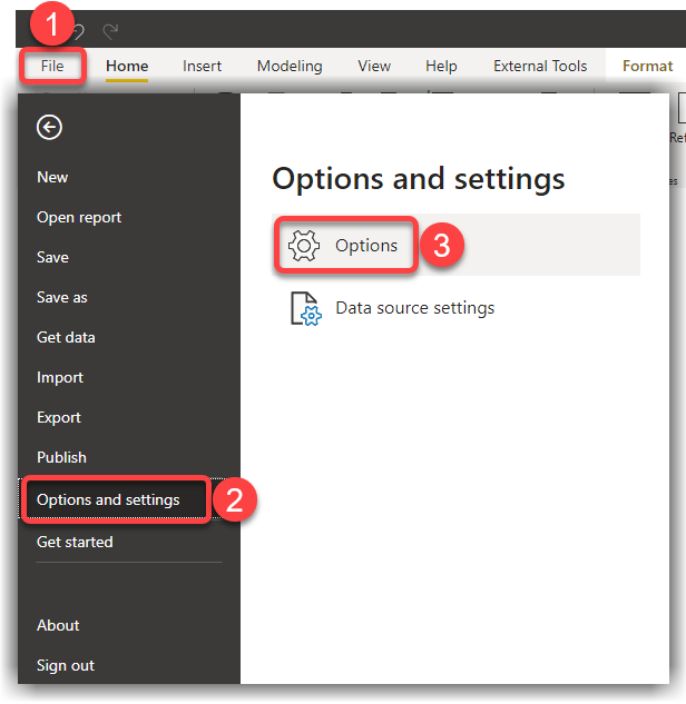 Fig 7: Power BI Options and settings