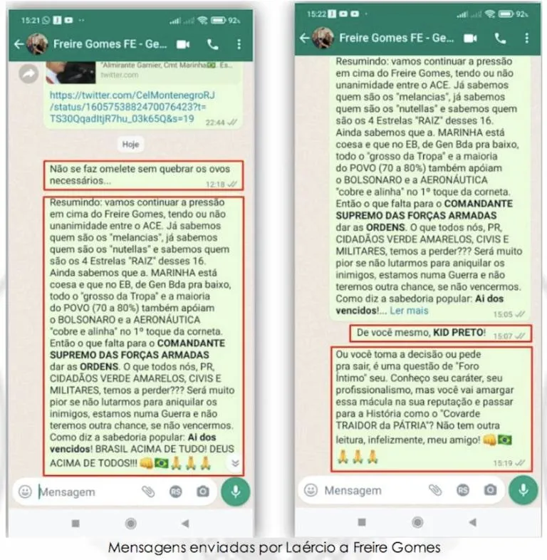 Mensagens enviadas por Laércio Vergílio a Freire Gomes pediam apoio ao golpe.
