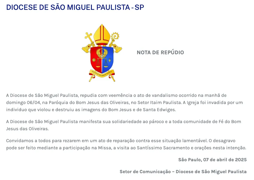 Nota de repúdio da Diocese de São Miguel