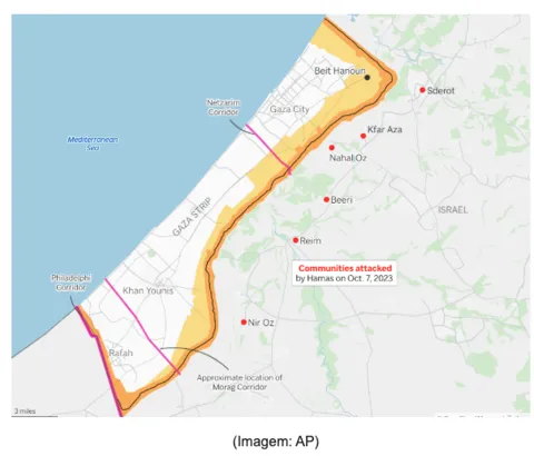 Mapa dos territórios ocupados por Israel na Faixa de Gaza.