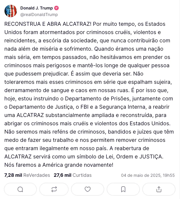 postagem na rede social Truth de Donald Trump