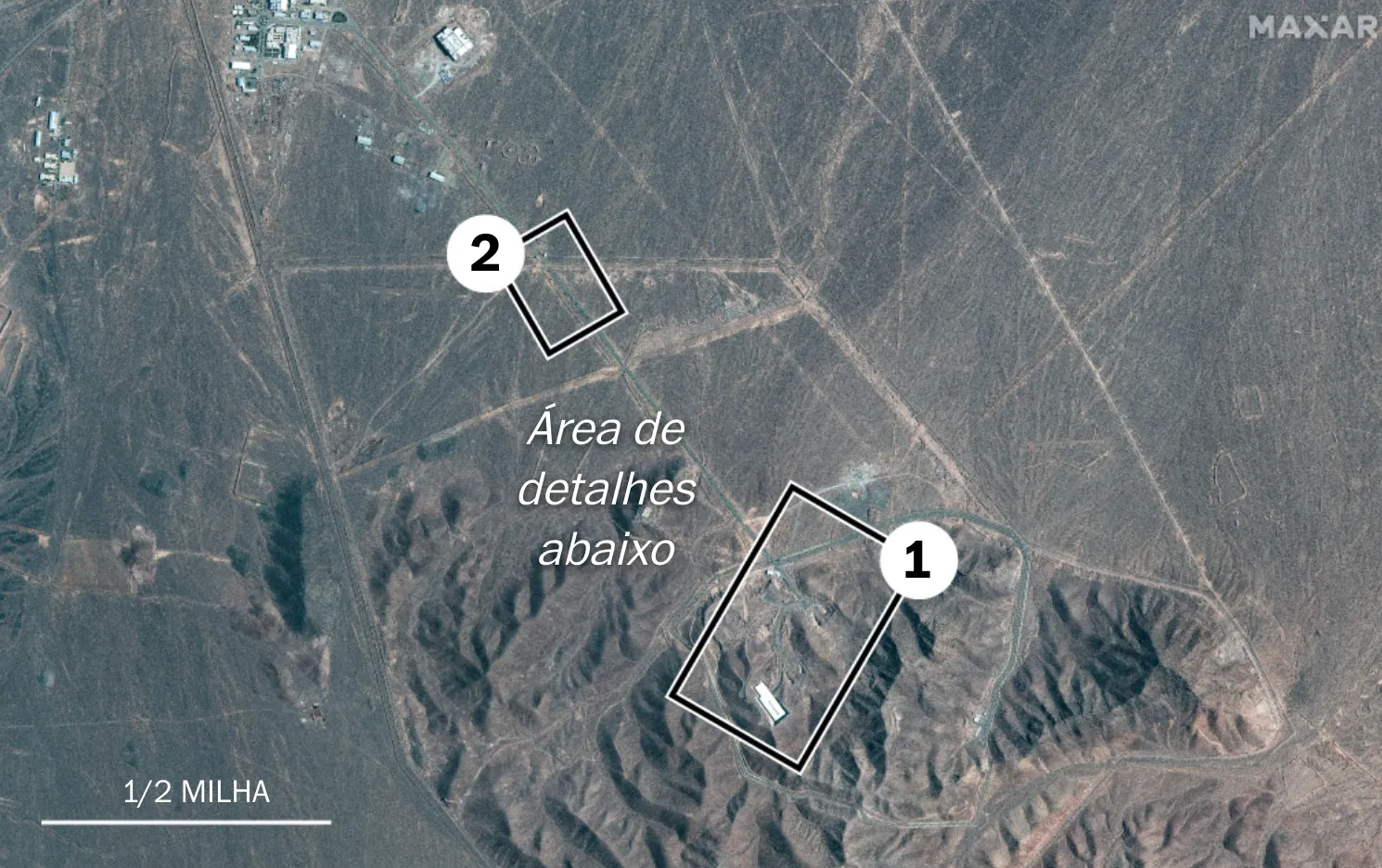 Detalhes da usina núclear em Fordow. Imagem: Maxar, Instituto de Ciência e Segurança Internacional