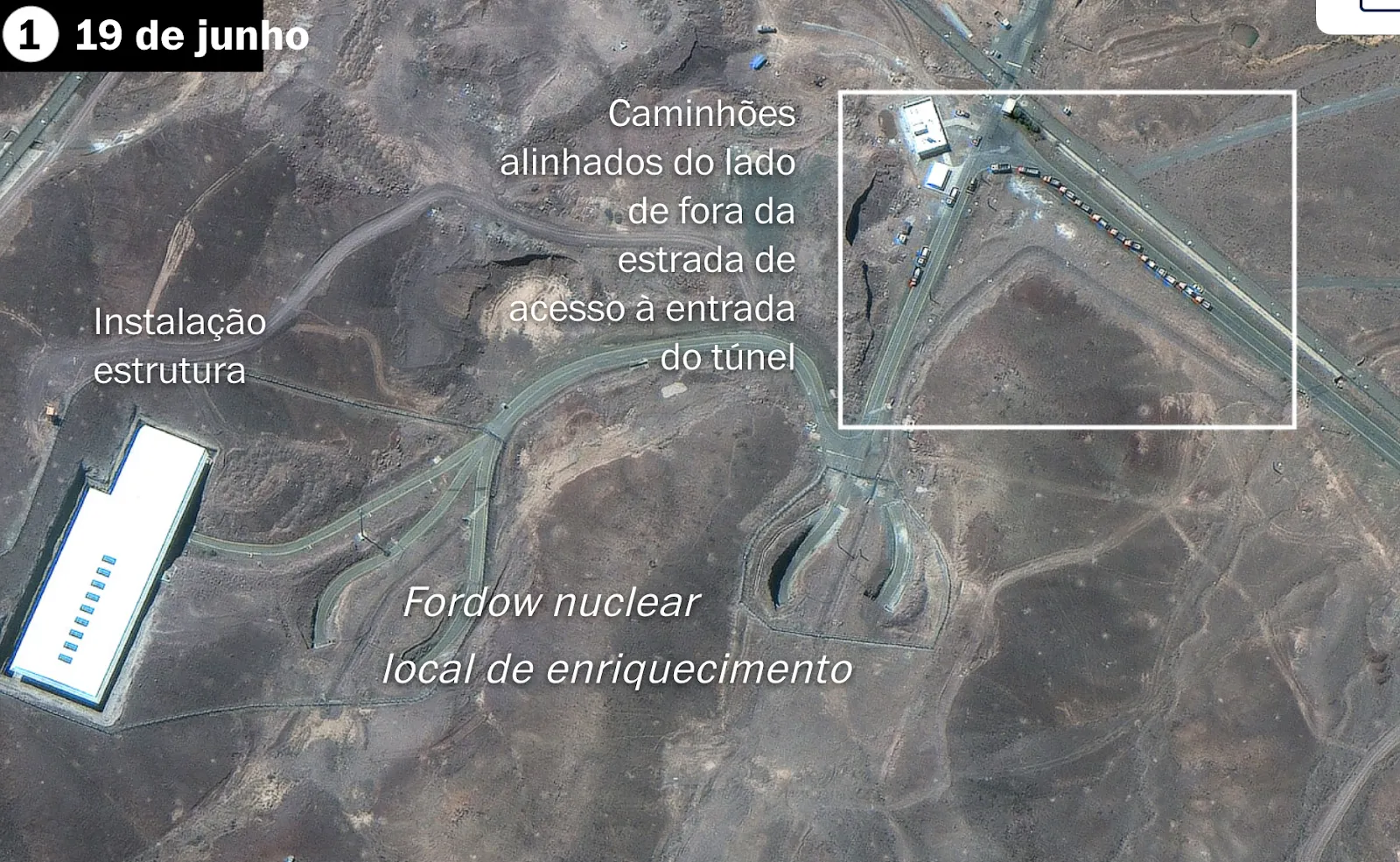 Detalhes da usina núclear em Fordow. Imagem: Maxar, Instituto de Ciência e Segurança Internacional
