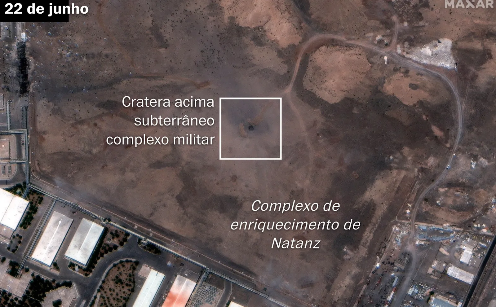 Complexo de enriquecimento de urânio em Natanz. Imagem: Maxar, Instituto de Ciência e Segurança Internacional