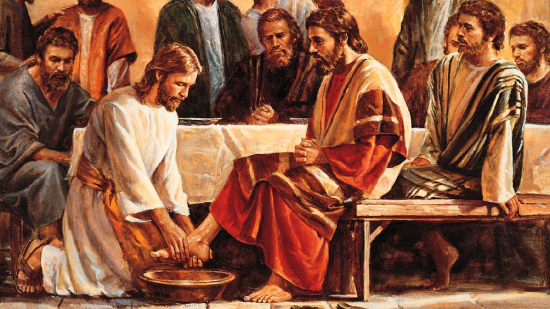 Ilustração mostra a passagem bíblica de quando Jesus lava os pés dos seus discípulos.