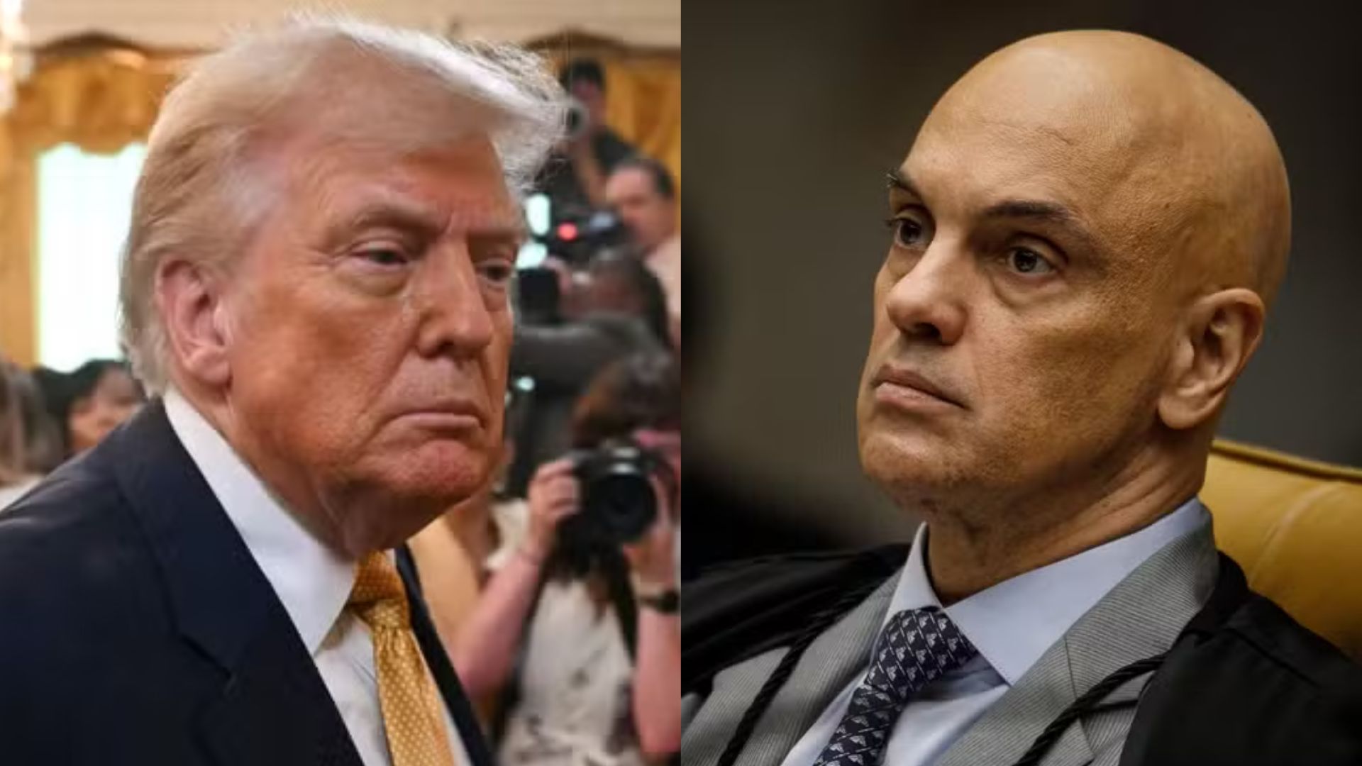 À esquerda, Donald Trump e à direita, Alexandre de Moraes. Os EUA aplicaram hoje a Lei Magnitsky ao ministro brasileiro. 