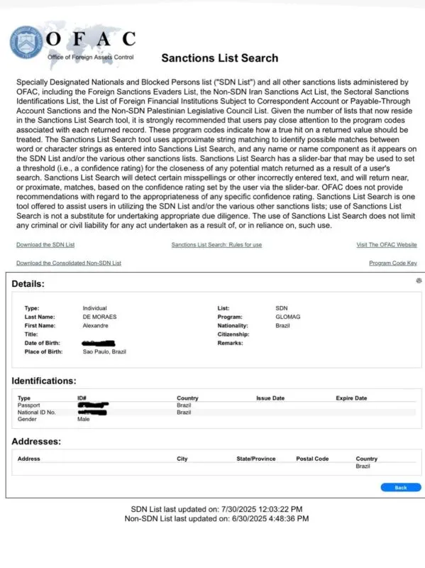 Documento que inclui Moraes na lista de sancionados da Lei Magnitisky Imagem: Reprodução.